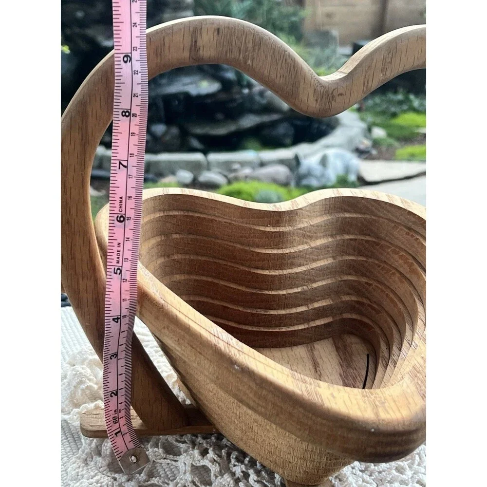 Vintage Handmade Heart Shaped Wooden Collapsible Basket With Handle Or Trivet